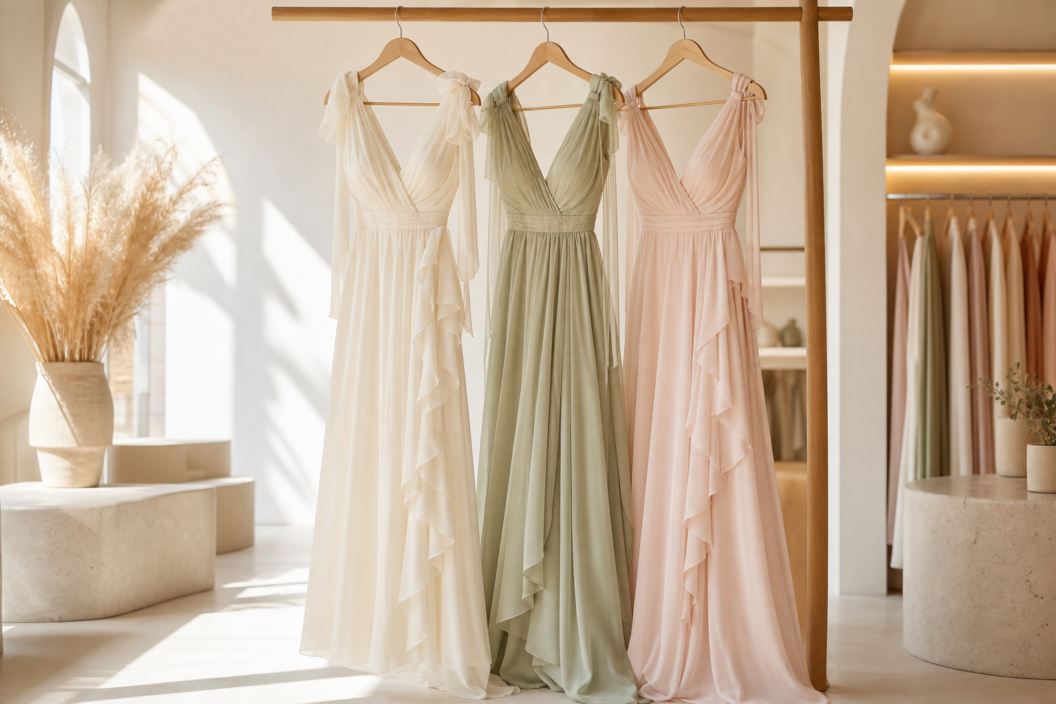Trois robes aux finitions légèrement différentes, de la même collection, suspendues ensemble