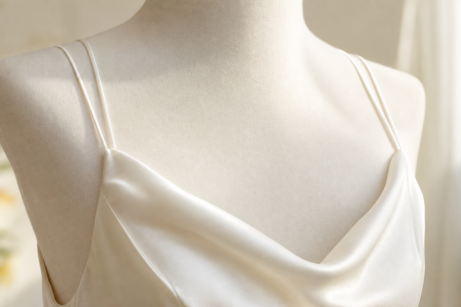 Détail d'une encolure et de bretelles fines sur une robe ivoire de la collection