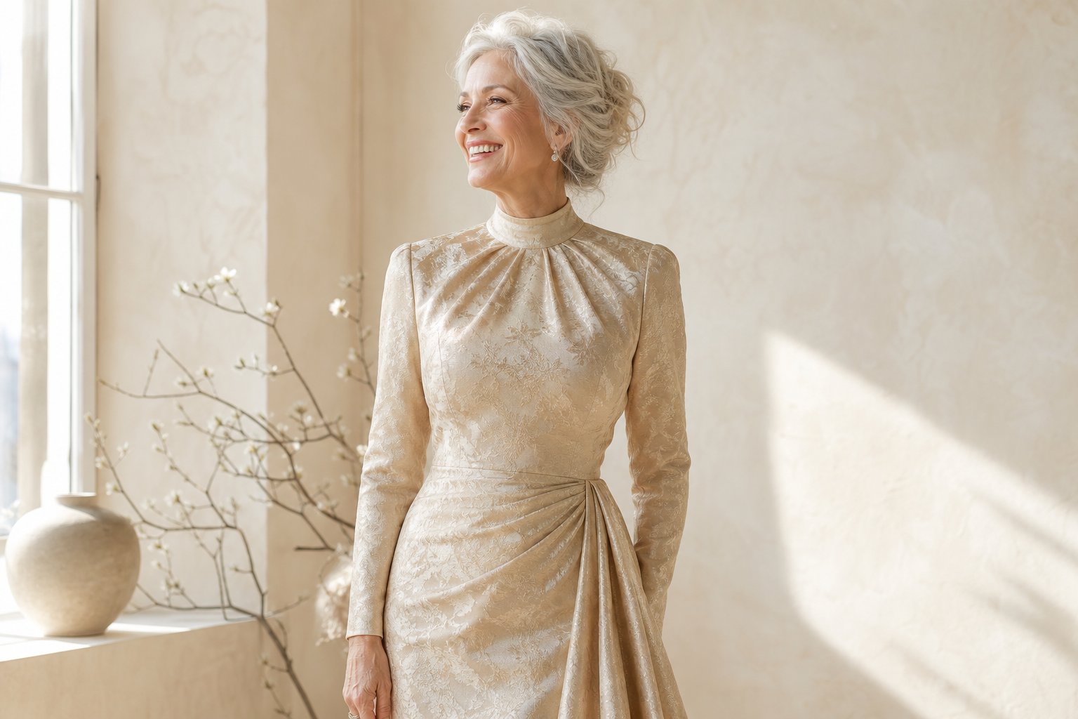 Une robe à encolure montante et manches longues, dans les mêmes tons que la collection